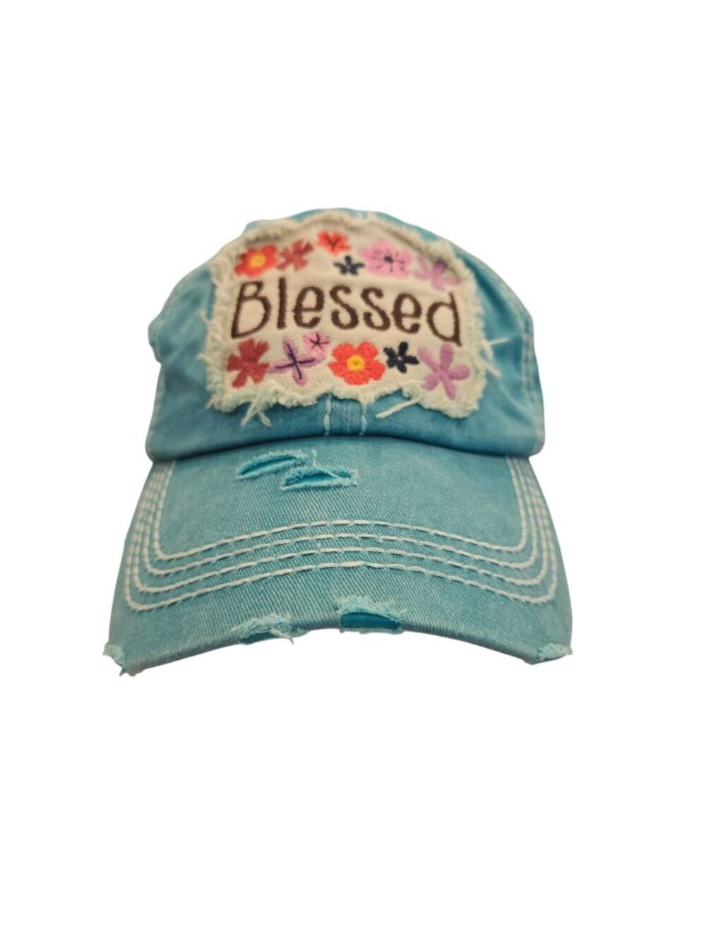 Blessed Embroidered Distressed Turquoise Baseball Cap Adjustable Back Strap